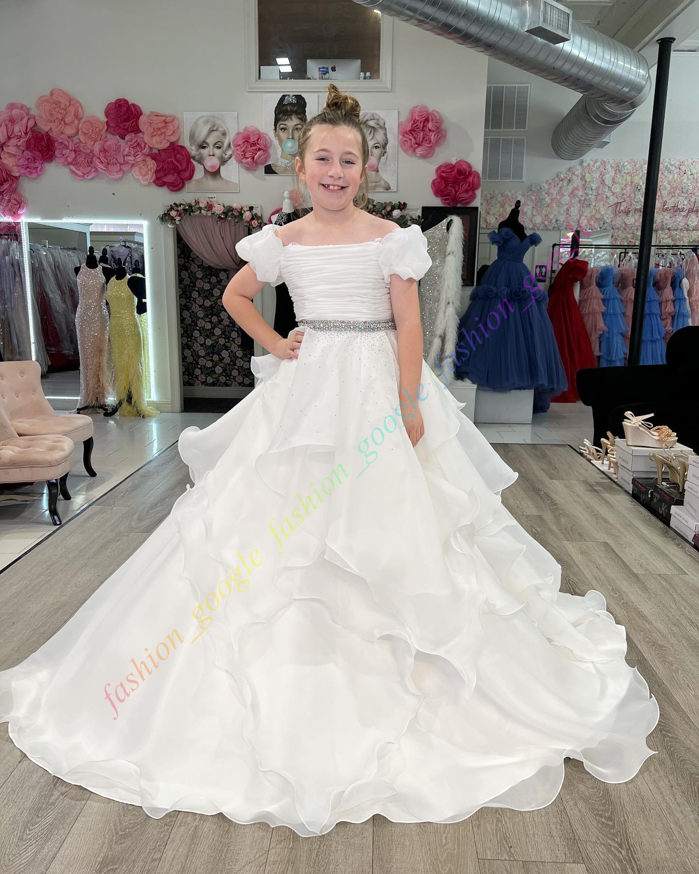 Long Ruffle Little Girl Pageant Dress Cap Sleeves Off-Shoulder Beads Coral Baby Kid Fun Fashion Runway Drama Birthday Formal Cocktail Party Gown Toddl