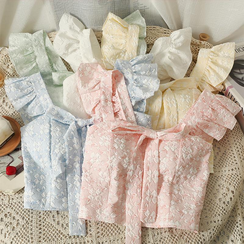 Women's Blouses Sweet Bow Tie Flying Sleeve Short Suspender Women's Summer Korea Chic Jacquard Sleeveless Tops With Chest Pad, Blue blouse
Women's Blouses Sweet Bow Tie Flying Sleeve Short Suspender Women's Summer Korea Chic Jacquard Sleeveless Tops With Chest Pad, Blue blouse