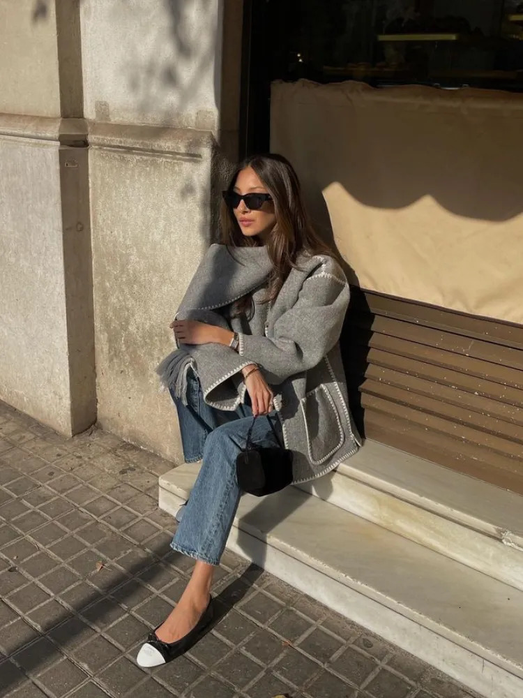 Women's Wool Blends Patchwork Tassel Shawl Collar Women Coat Casual Long Sleeve Pocket Single Breasted Female Jacket Fashion Lady Coats 231114