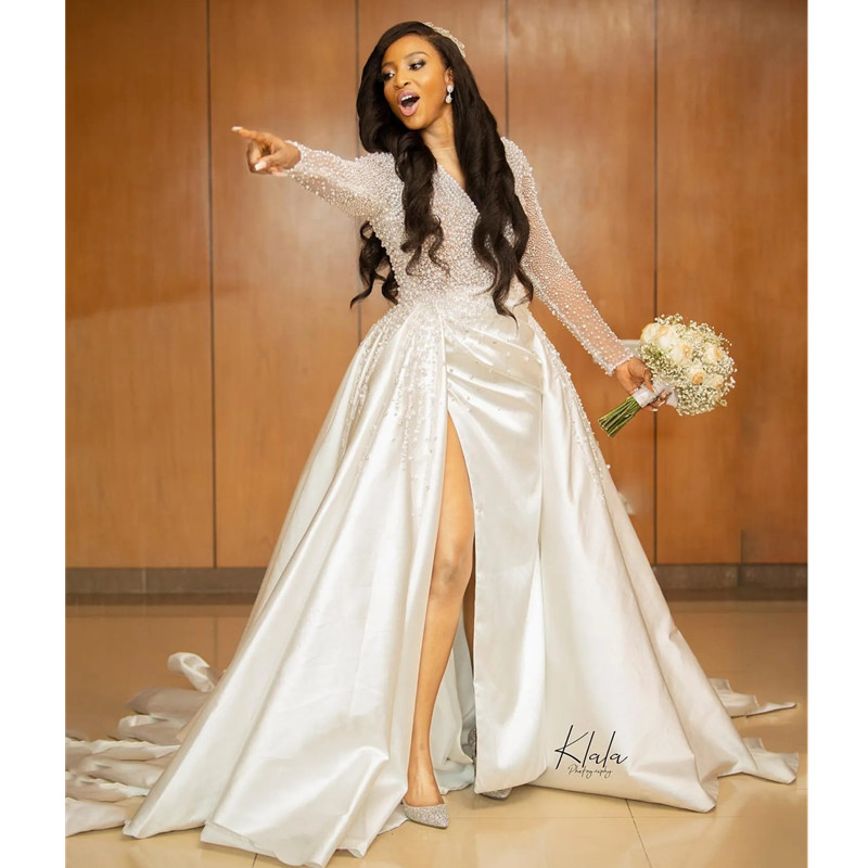 African Illusion Pearls Crystal Bridal Satin Church Long Sleeve Country Wedding Dresses Side Reception Gowns Robe De 6660312
