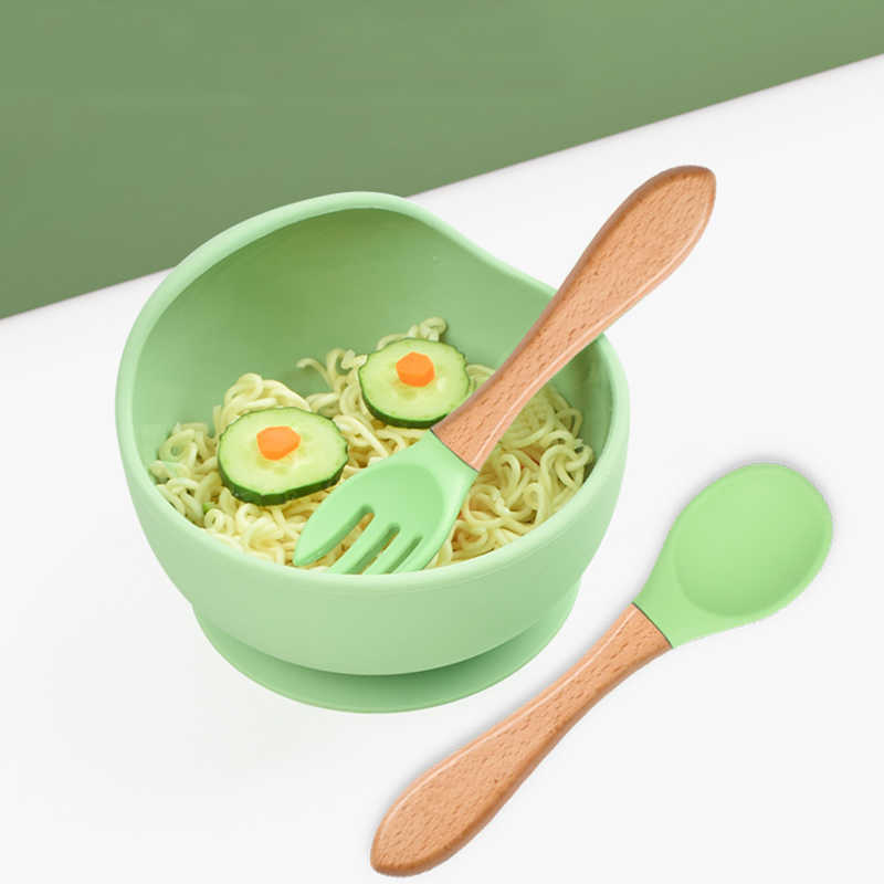 Cups Dishes Utensils 3/4 PCS Baby Silicone Feeding Bowl Wooden Handle Silicone Spoon Fork Bibs Sets Children's Tableware Suction Bowl Dishes For 