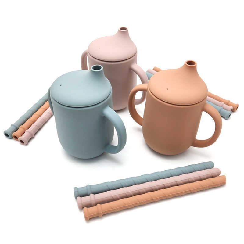 Cups Dishes Utensils Silicone Baby Drinking Cup With Straw Double Handle Children Feeding Cups BPA Free Leak-proof Sippy Mugs With Lid Drinkware AA230