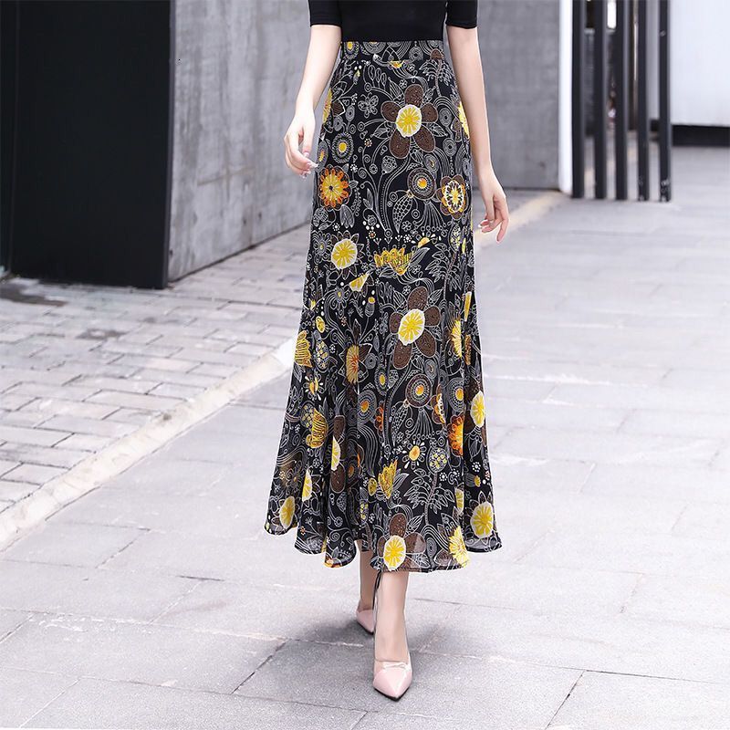 Skirts Female Skirt Spring Summer Printing Floral ity High Waist Ruffles Ankle-Length Vintage Office Lady Elegant Fashion 230414