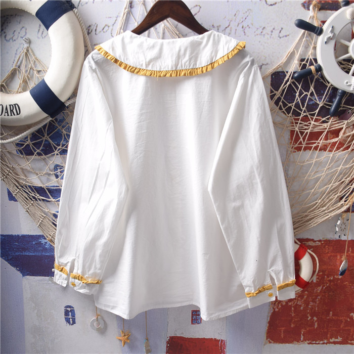 Women's Blouses Shirts Mori Girl Autumn Women Blouse Vintage Sunflower Embroidery Ruffled Peter Pan Collar Cotton Long Sleeve White Shirt Top 230