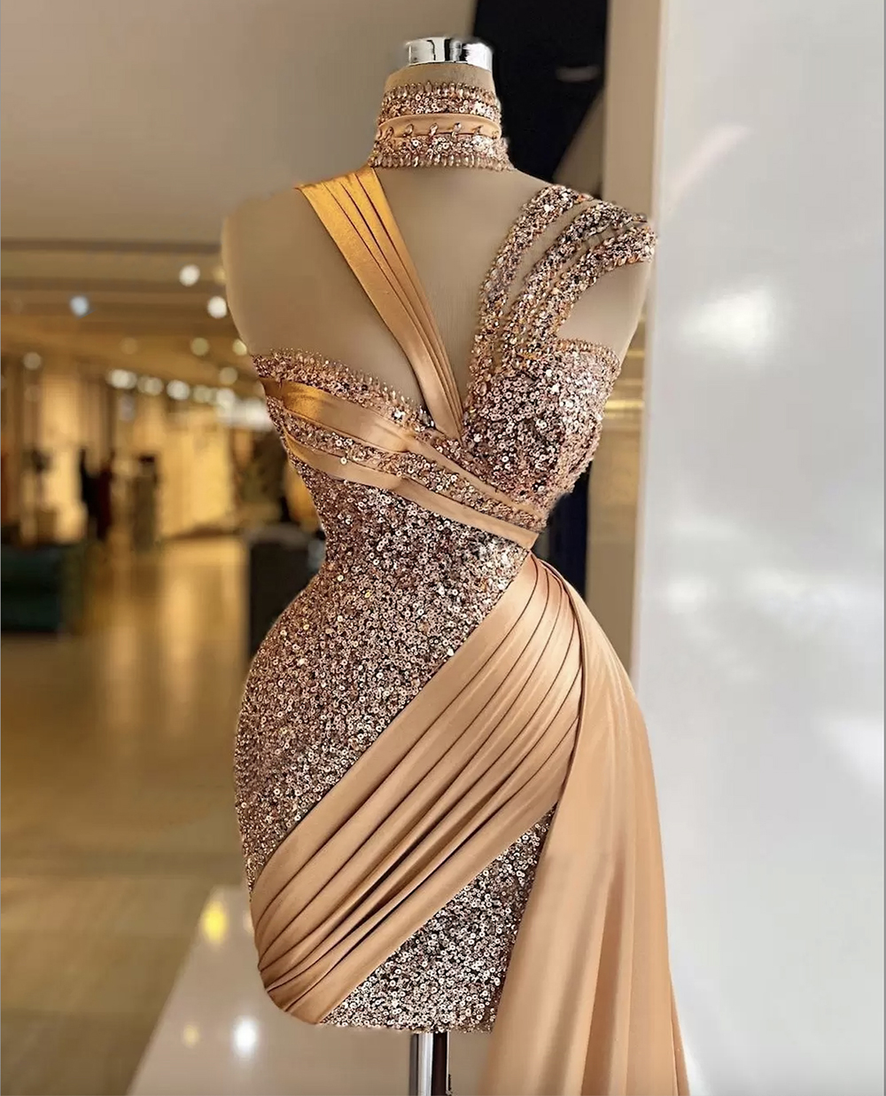 Sparkle Gold Mermaid Evening Dresses with Over Skirt Sequin Pleat Short Prom Gowns High Collar Ladies Sexy vestido de novia