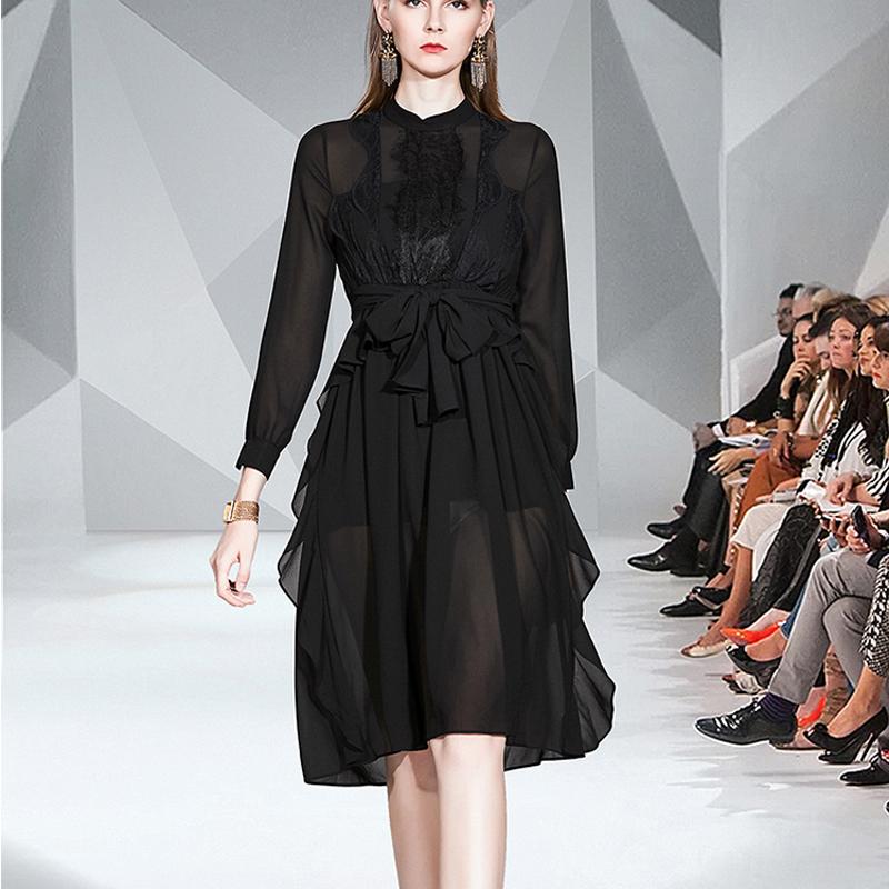 Casual Dresses Fall Style Sexy Lace Chiffon Long-Sleeved Belt Slim Fit Ruffled Temperament Elegant Black Dress Women' Clothing High Quality
Casual Dresses Fall Style Sexy Lace Chiffon Long-Sleeved Belt Slim Fit Ruffled Temperament Elegant Black Dress Women' Clothing High Quality