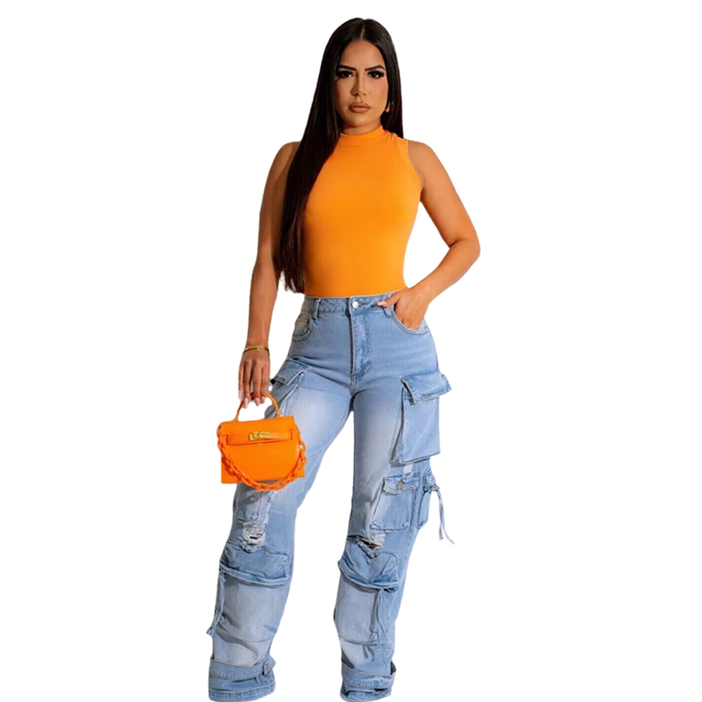 Women's Jeans Cargo Pants Y2K Vintage High Waist Baggy Trousers Multiple Flap Pocket Loose Denim Pants Streetwear