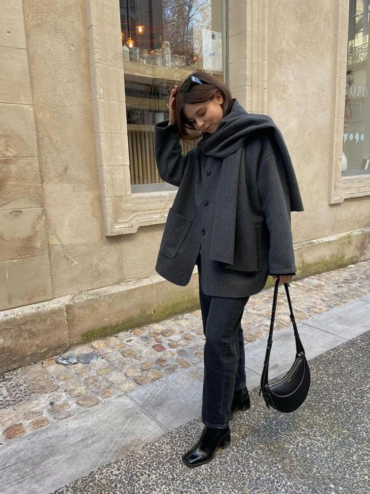 Women's Wool Blends Casual Autumn Jacket Women Scarf Collar Single Breasted Long Sleeve Elegant Lady Coats Winter Fashion Pocket Wool Coat Tops 2