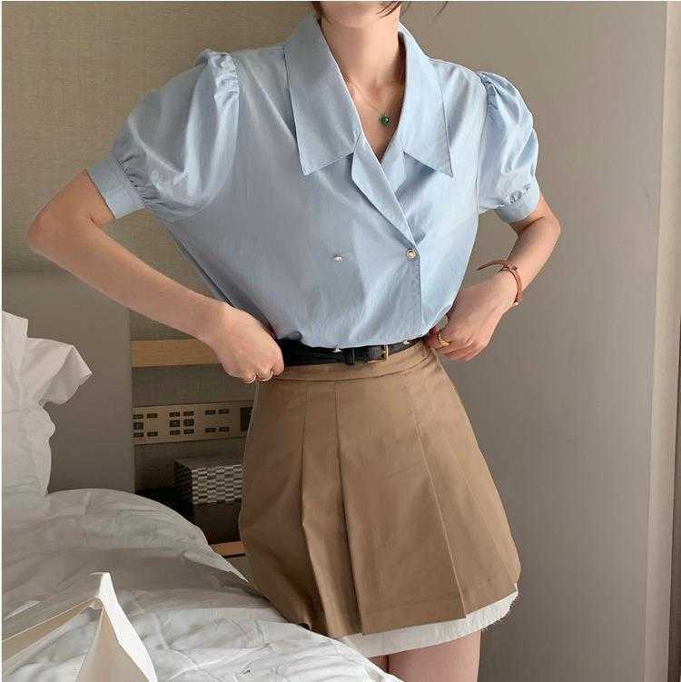 Summer French Style Shirt Commuting Elegant Blue Suit Collar Double Row Metal, Blue2
Summer French Style Shirt Commuting Elegant Blue Suit Collar Double Row Metal, Blue2