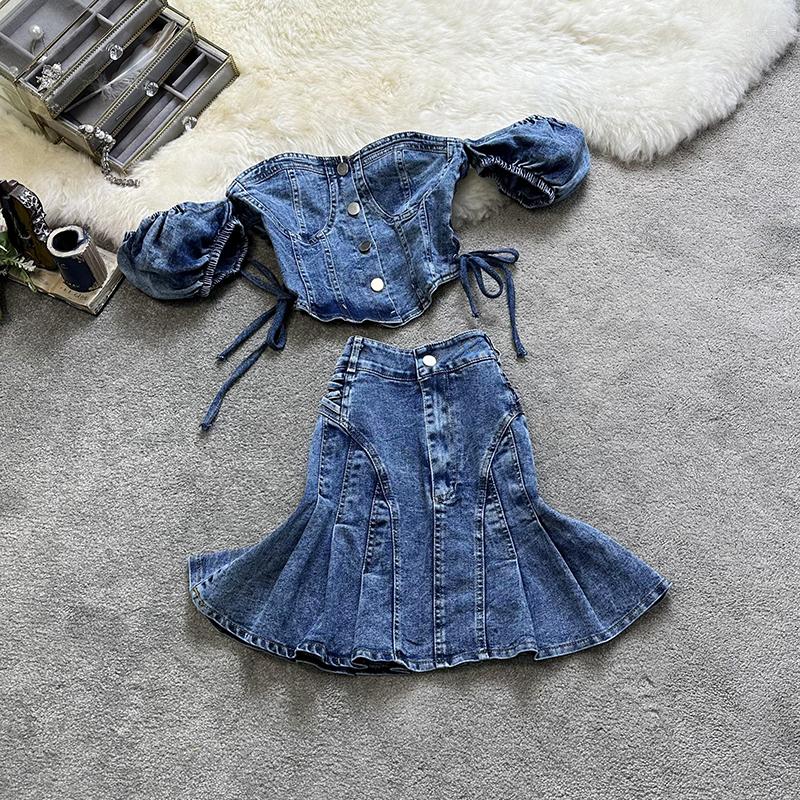 Work Dresses Retro Slash Neck Strapless Breast Wrapping Drawstrings Tube Top Mini Mermaid Skirt Sexy Denim Casual Sets, Blue