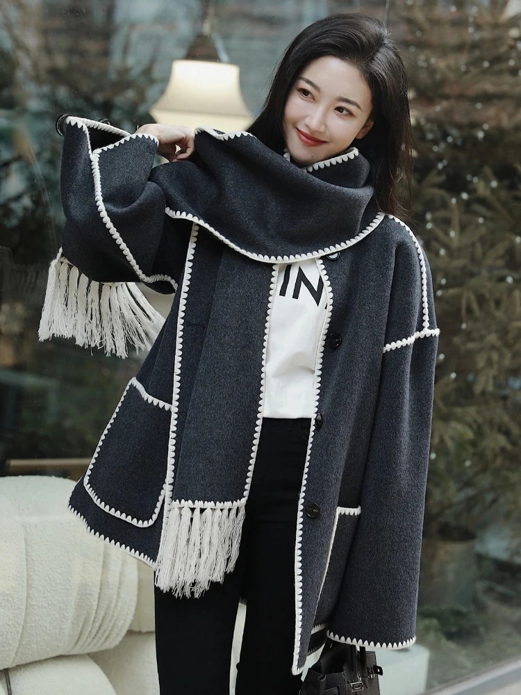 Women's Wool Blends OFTUBY Winter Women Jacket Double-sided Wool Blends Cashmere Real Fur Coat Knitted Tassel Scarf Collar Warm Loose Outerwear 2