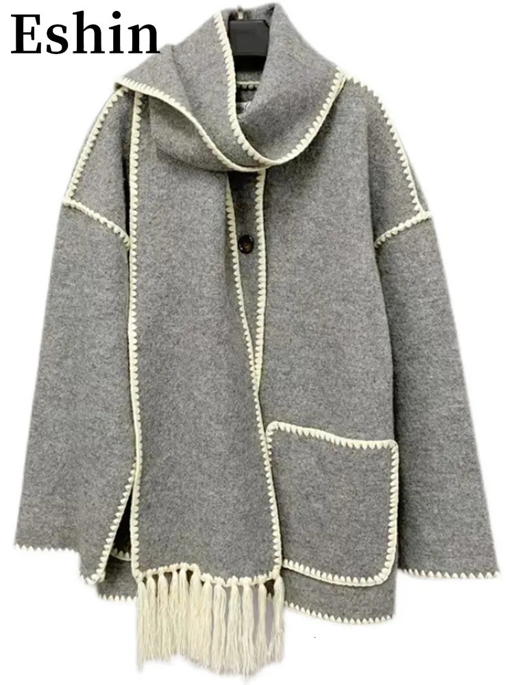 Women's Wool Blends Eshin Autumn Fashion Women's Coats Scarf Collar Loose Single Breasted Tassel Spliced Pockets Jackets Female TH1550 23111
