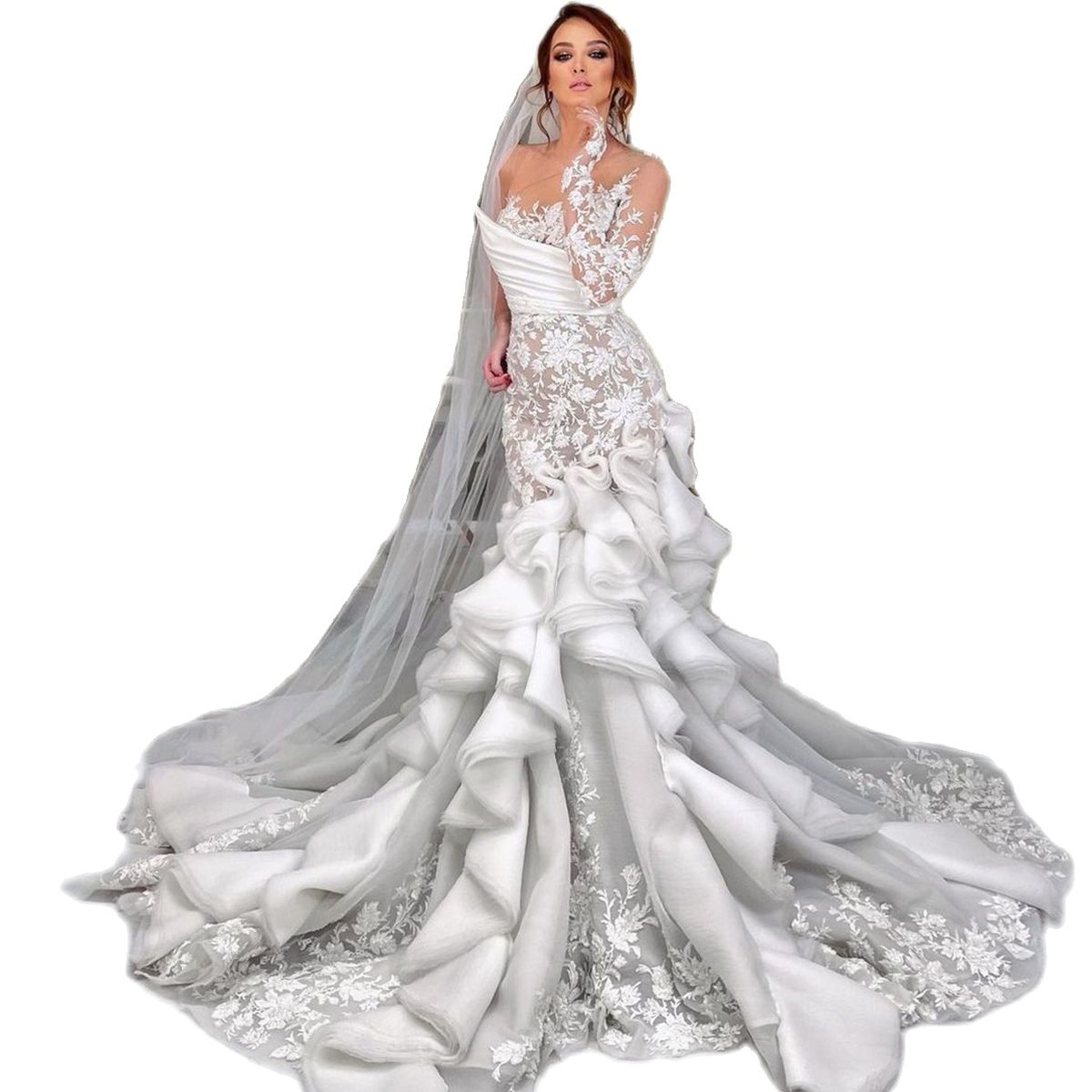 One Shoulder Lace Mermaid Wedding Dresses Luxurious Tiered Ruffles Ruched Bridal Gowns Custom Made Illusion Dress Vestido De Novia