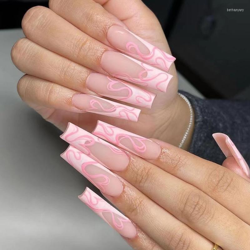 False Nails 24pcs Press On Long Ballet Frosted French Fake Coffin With Stripe Designs Full Cover Acrylic Fashion Nail Tips, Style2
False Nails 24pcs Press On Long Ballet Frosted French Fake Coffin With Stripe Designs Full Cover Acrylic Fashion Nail Tips, Style2