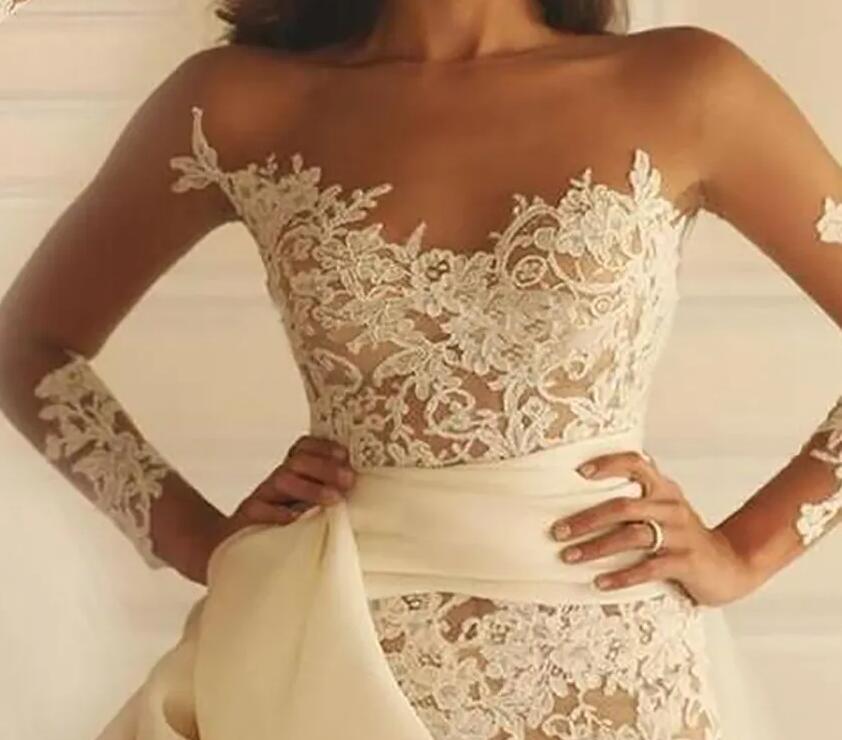 Maison Yeya Short Lace Dresses With Detachable Train Illusion Long Sleeve Sheer Neck Holiday Bridal Two Pieces Wedding Gown 0424 0219
