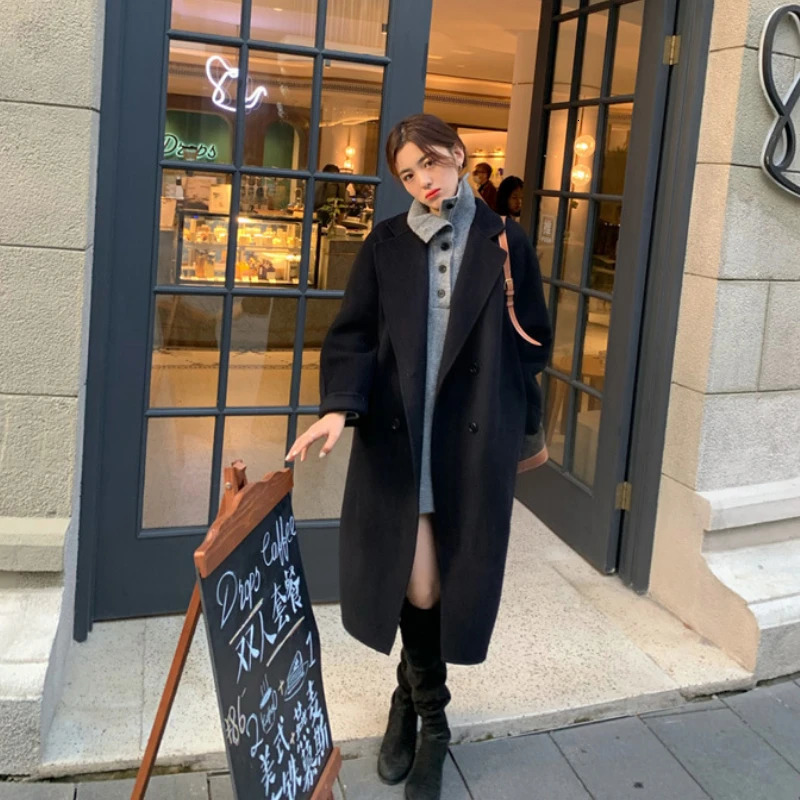 Women's Wool Blends Autumn Winter Double-sided Cashmere Overcoat Elegant Wool Blended Solid Colo Long Coat Fashion Simple Camel Oversized Coat 23