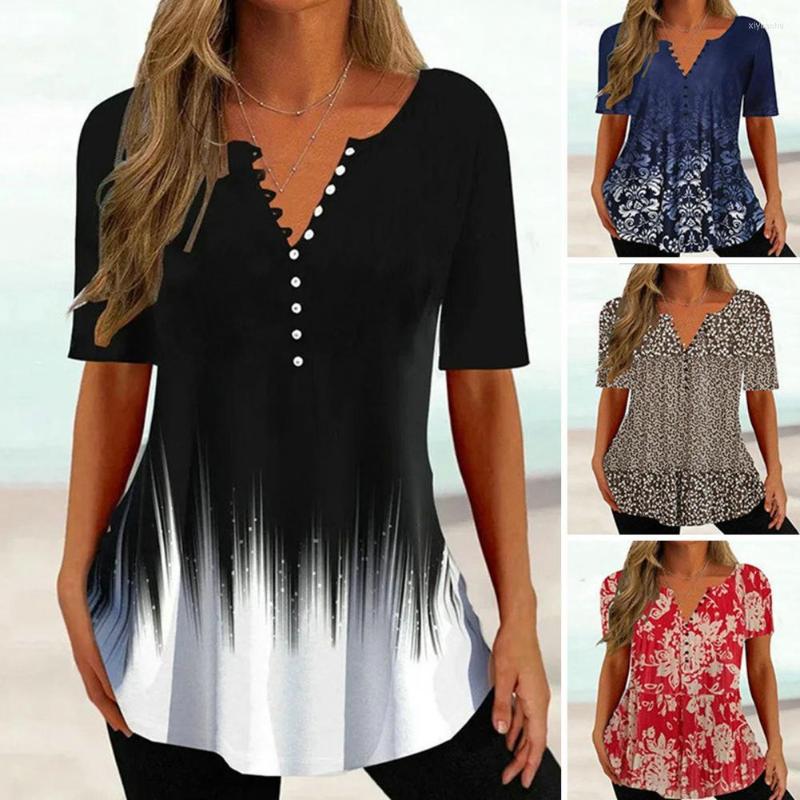Women's Blouses Women Summer Top Clothes T-shirt Gradient Color Flower Print V Neck Buttons Short Sleeves Match Pants Casual, Blue
Women's Blouses Women Summer Top Clothes T-shirt Gradient Color Flower Print V Neck Buttons Short Sleeves Match Pants Casual, Blue