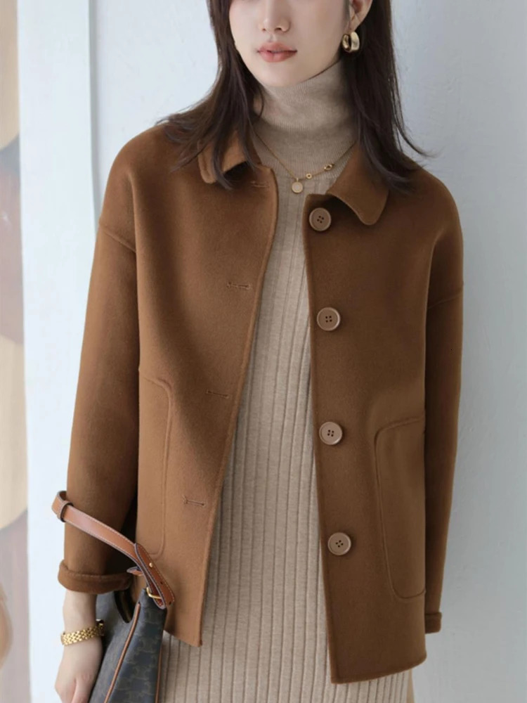 Women's Wool Blends Short Coats for Women Autumn Winter Fashion Woolen Jackets Pockets Solid Color Camel Black Polo Collar Coat Ladies High Quali