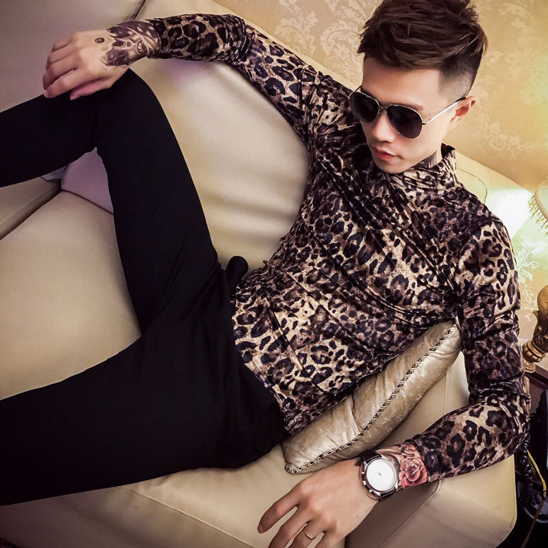 Men's T-Shirts Youth nightclub printed bottom shirt men's slim social guy half high collar T-shirt hairdresser leopard print middle collar t