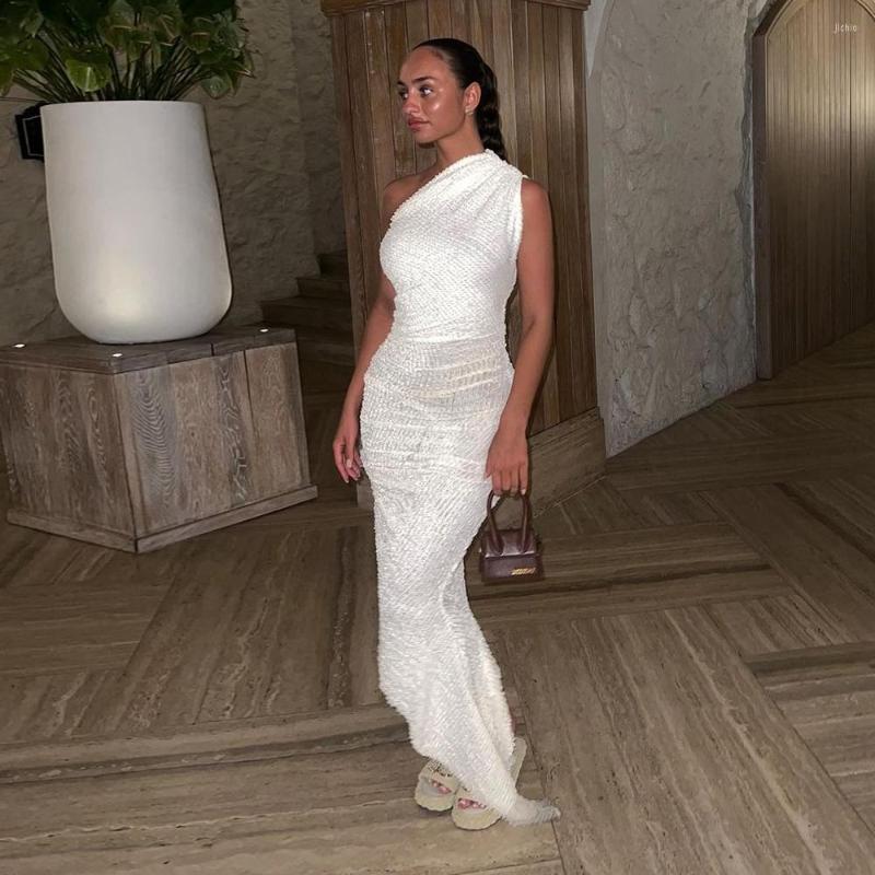 Casual Dresses Xiktop Summer 2024 Fast Fashion Knitting Solid Dress Sexy Streetwear Style Asymmetrical Diagonal Collar Formal Occasion