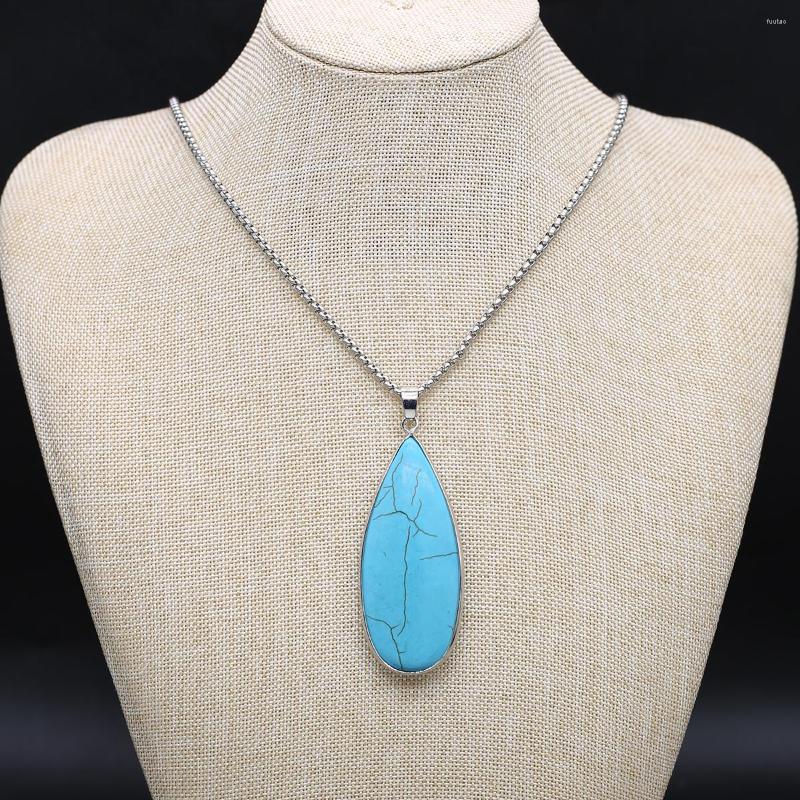 

Pendant Necklaces Metal Chain Charm Natural Blue Turquoise Long Water Droplet Shape Silvery Edge Necklace For Women Jewelry Gift 25X60MM
