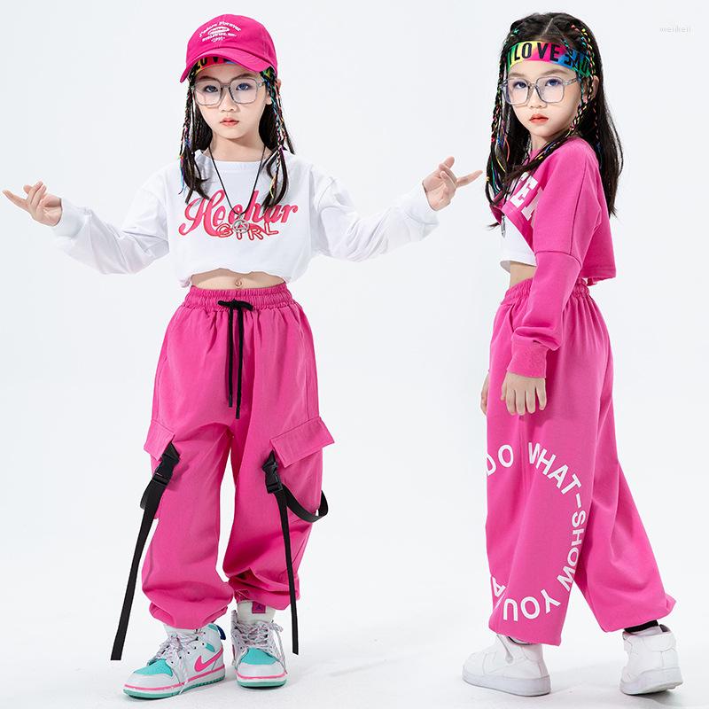 Clothing Sets Girls Hip Hop Crop Top Pink Cargo Pants Child Princess Sweatshirt Joggers Streetwear Clothes Kids Street Dance Jazz Costume, Vest