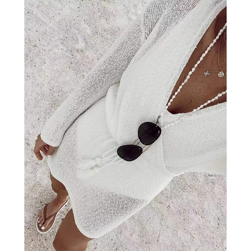 Women's Swimwear Sexy Bikini Cover-ups Beach White Crochet Tunic Knitted Summer Mini Dress Long Sleeves Women Swim Suit Cover Up 230414