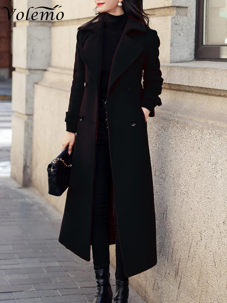 Womens Wool Blends Winter Overcoat Women Business Midcalf Length Jacket Formal Doublebreasted Coat Thick Slim Female 231114
