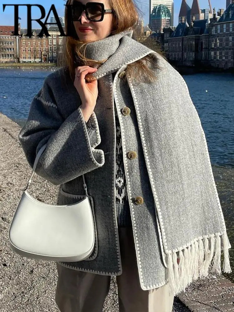 Women's Wool Blends TRAF With Scarf Oversize Women Trench Coat Autumn Winter Warm Thick Long Sleeve Buttons Loose Jacket Female Windbreak 231114