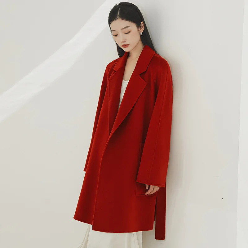 Women's Wool Blends 100% Wool Coat Women Winter Mid length Camel Loose Wool Coat Female Autumn White Lacing Casual Coat Fashion Coat NN502 231114