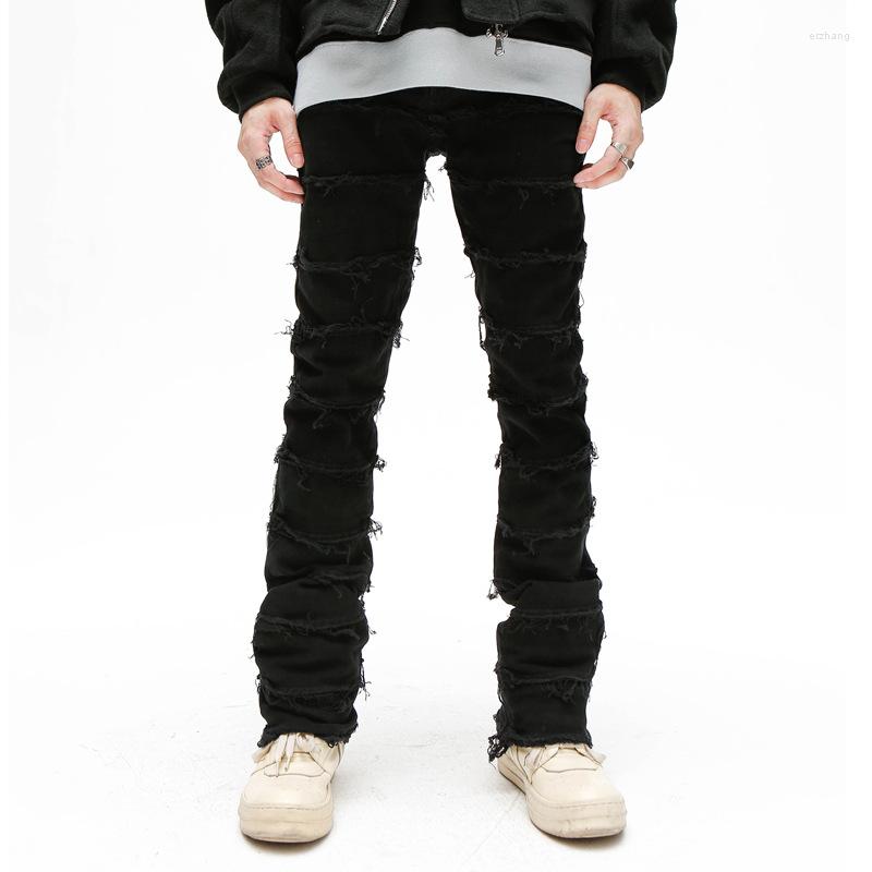 Men's Jeans Mens Retro Patchwork Flared Pants Grunge Wild Stacked Ripped Long Trousers Straight Y2k Baggy Washed Faded For Men B2