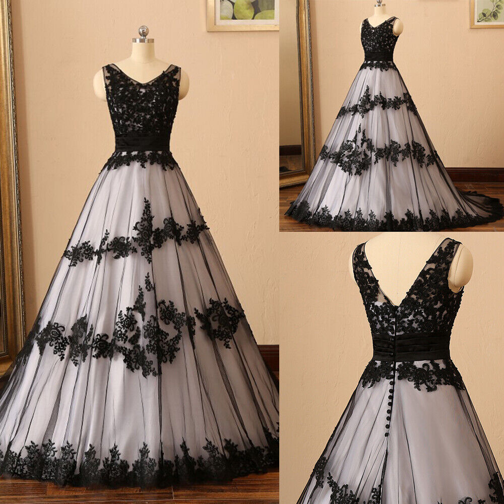 Gothic A Line Wedding Dress Black and White Lace V Neck Sleeveless Bridal Dress
Gothic A Line Wedding Dress Black and White Lace V Neck Sleeveless Bridal Dress