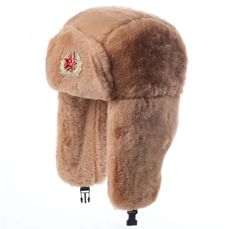 Trapper Hats Men Women Soviet Army Military Badge Russia Bomber Hats Pilot Trapper Trooper Hat Winter Faux Fur Earflap Ski Snow Caps Ushanka 23