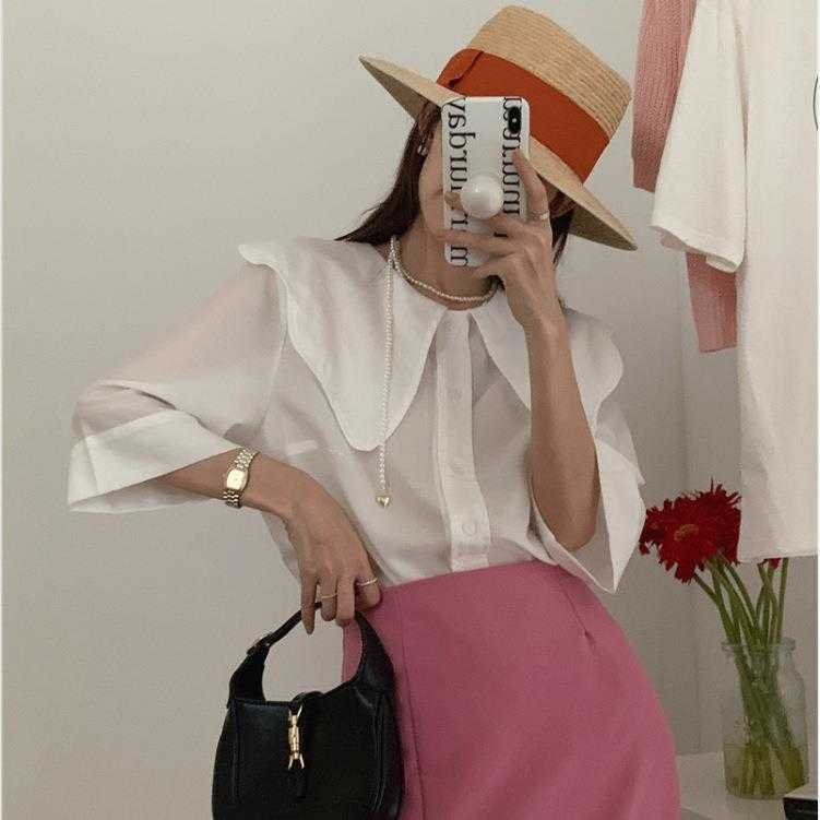 French Elegant Large Lapel Short Sleeve Shirt Summer Western Style All Matching, White
French Elegant Large Lapel Short Sleeve Shirt Summer Western Style All Matching, White