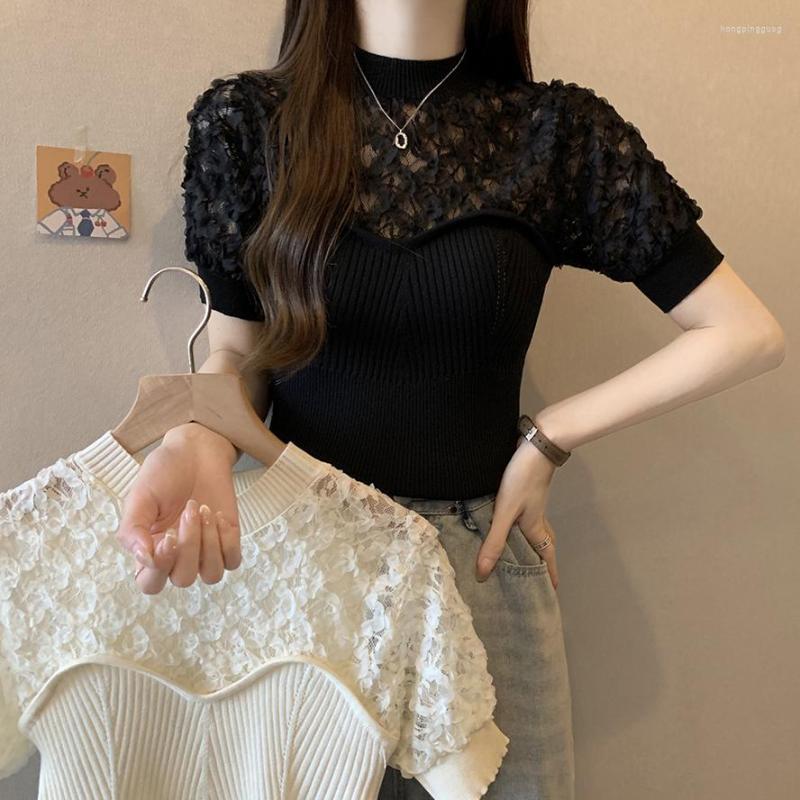 Women's T Shirts French Summer T-shirt Hollow Lace Splice Top Women Thin Slim Ice Silk Knitted Tee, Black
Women's T Shirts French Summer T-shirt Hollow Lace Splice Top Women Thin Slim Ice Silk Knitted Tee, Black