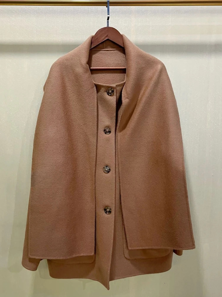 Women's Wool Blends autumn and winter wide-sleeved scarf collar camel loose coat women 231114