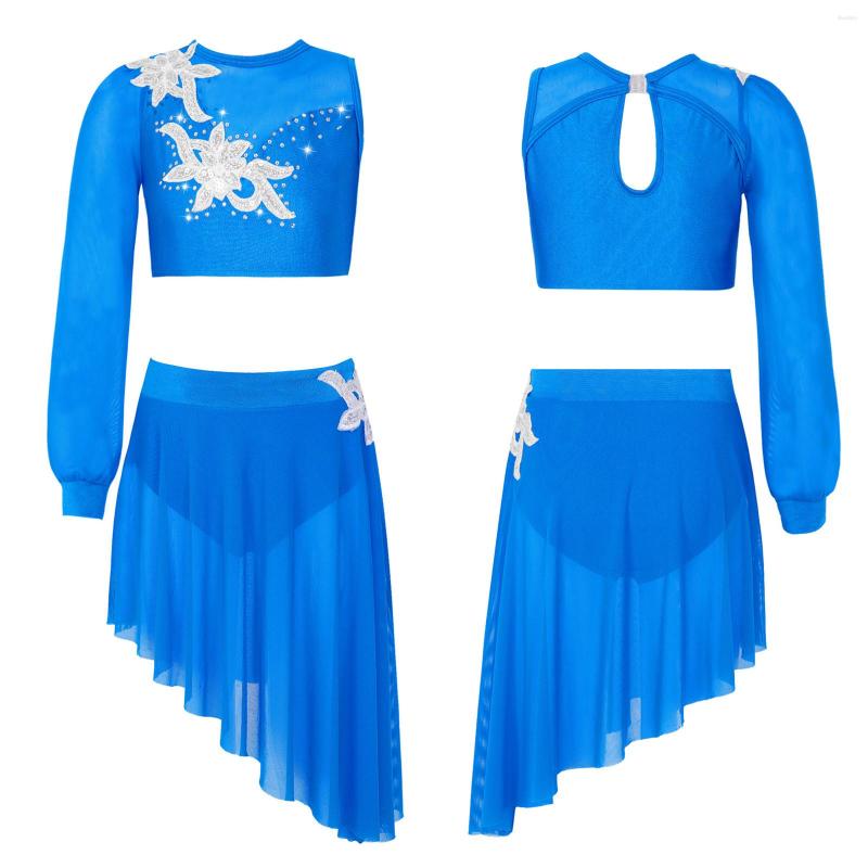 Stage Wear Girls Ballet Lyrical Dance Costume Set Sheer Mesh One Shoulder Long Sleeve Crop Top With Leotard Skirt BallerinaTutu Dancewear, Blue
Stage Wear Girls Ballet Lyrical Dance Costume Set Sheer Mesh One Shoulder Long Sleeve Crop Top With Leotard Skirt BallerinaTutu Dancewear, Blue