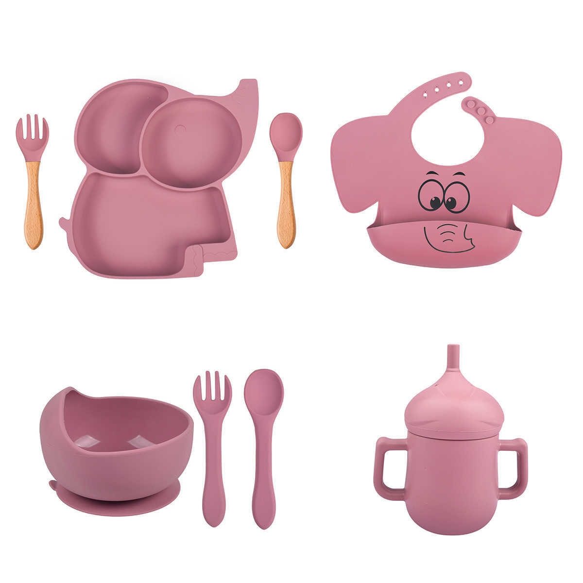 Cups Dishes Utensils 3/7/8PCS Baby Soft Silicone Sucker Bowl Plate Cup Bib Spoon Fork Set Non-slip Cartoon Elephant Children's Feeding Dishes Cut