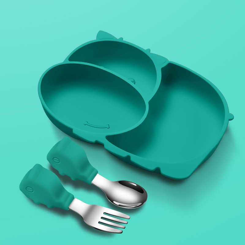 Cups Dishes Utensils 4Pcs/Set Baby Plate Cute Creative Cartoon Cow Tableware Baby Feeding Silicone Plate For Breakfast Nursning With Spoon Fork Set AA