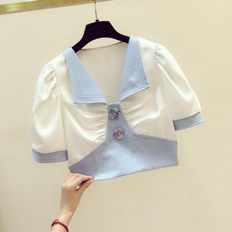 Women' Blouses Summer Crop Top Ladies Blouse Contrasting Color Simple And All-match Design V-neck Slim Short Shirt Shirts Blusas Mujer De, White
Women' Blouses Summer Crop Top Ladies Blouse Contrasting Color Simple And All-match Design V-neck Slim Short Shirt Shirts Blusas Mujer De, White