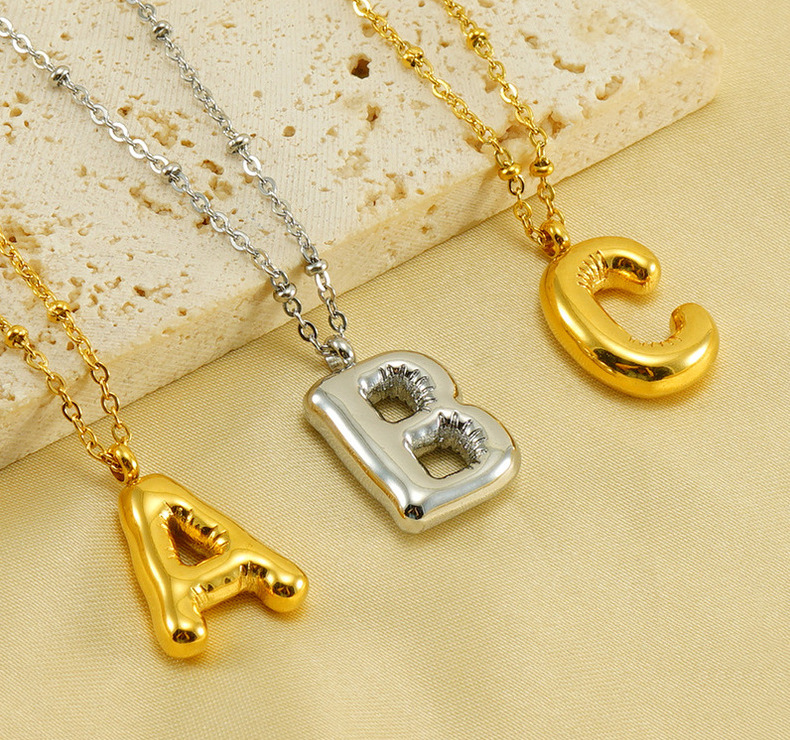 New Fashion Trendy Stainless Steel 18K Yellow Gold Plated A-Z Bubble Letter Pendant Necklace for Girls Women for Party Wedding Nice Gift