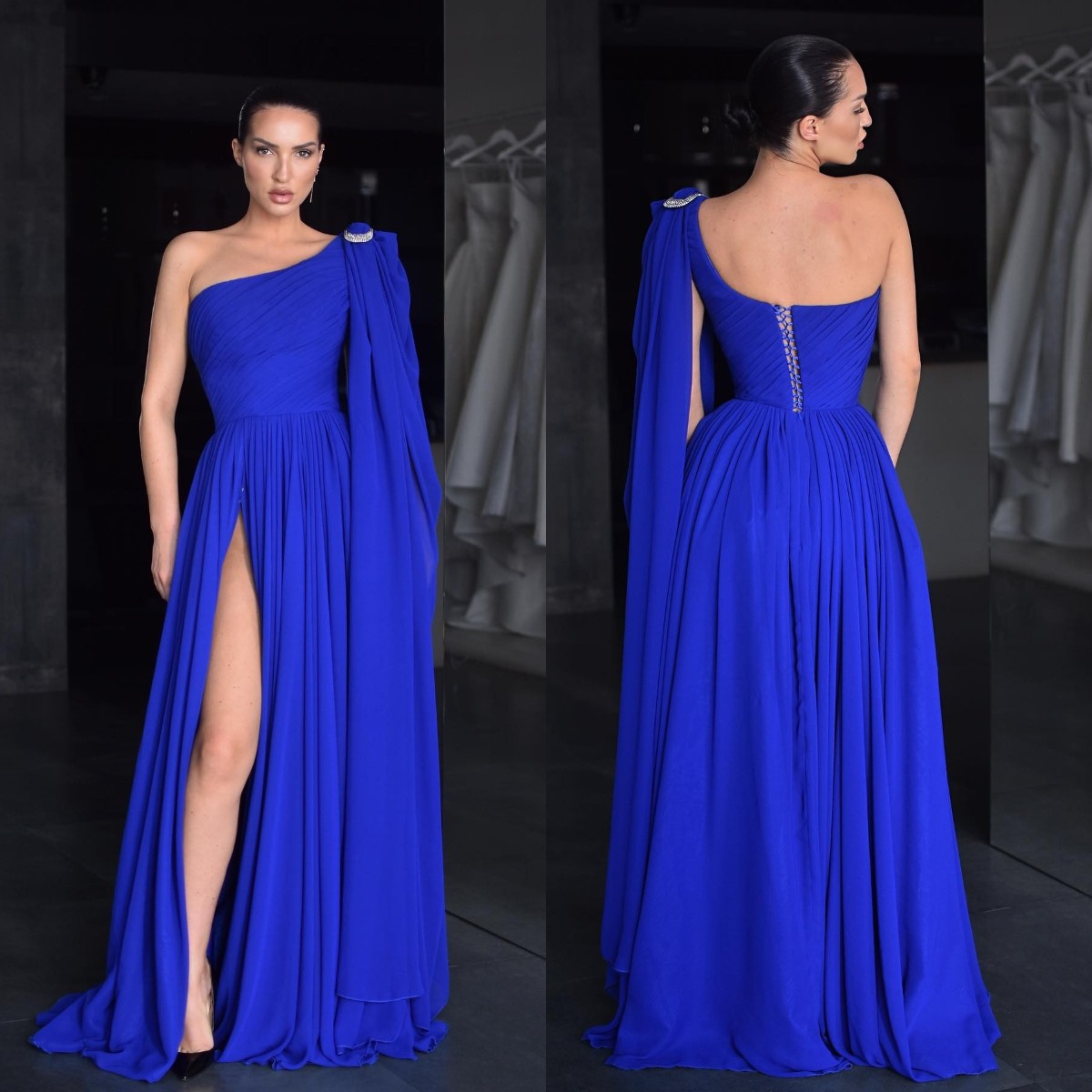 Royal Blue A E Prom Dresses One Shoulderchiffon Evening Split Ruffle Formal Long Special Ocn Party Dress 6660305