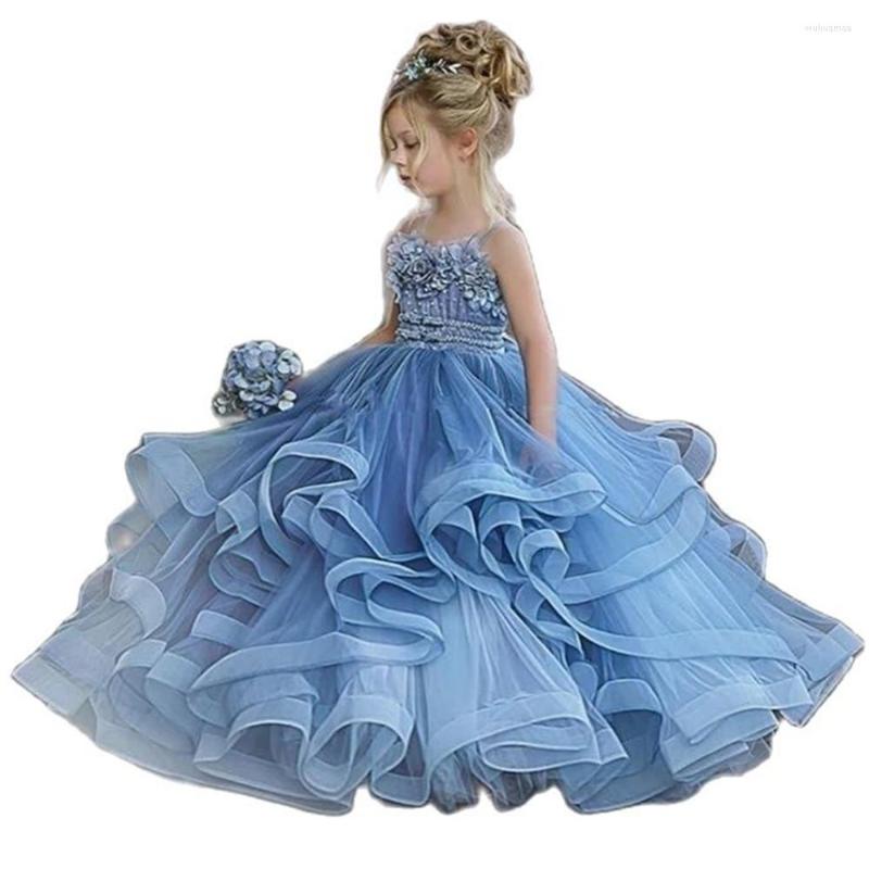 

Girl Dresses Blue Flower For Wedding Robe De Soire Mariage Kids Pageant Gowns Tulle Ruffled First Communion Dress, Black