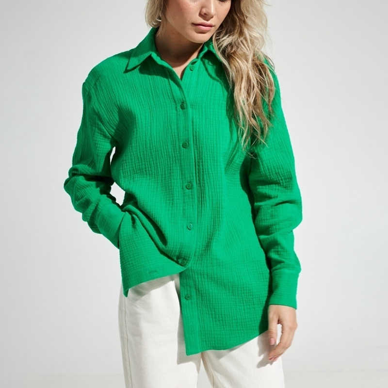 Bornladies 2023 Women's Spring Summer 100% Cotton Shirts Office Lady Fashionable Solid Lady Long Sleeve Loose Tops Crepe Shirts