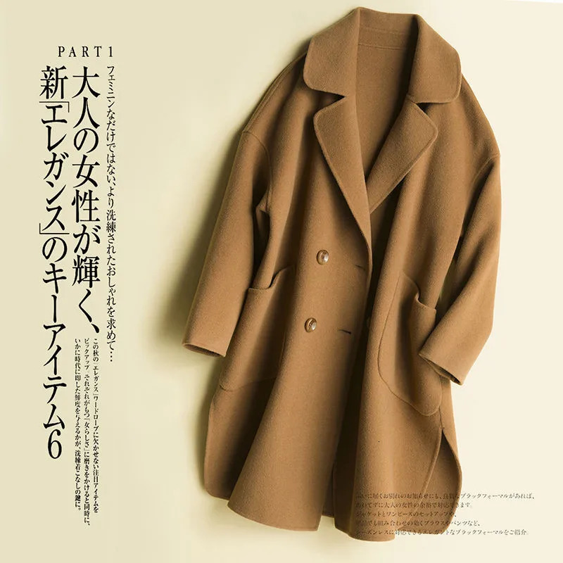 Women's Wool Blends Autumn Winter Women Woolen Coat Turn Down Collar Double Breasted 100% Wool Coat Camel Women Warm Coat Casaco Feminino P1066 2