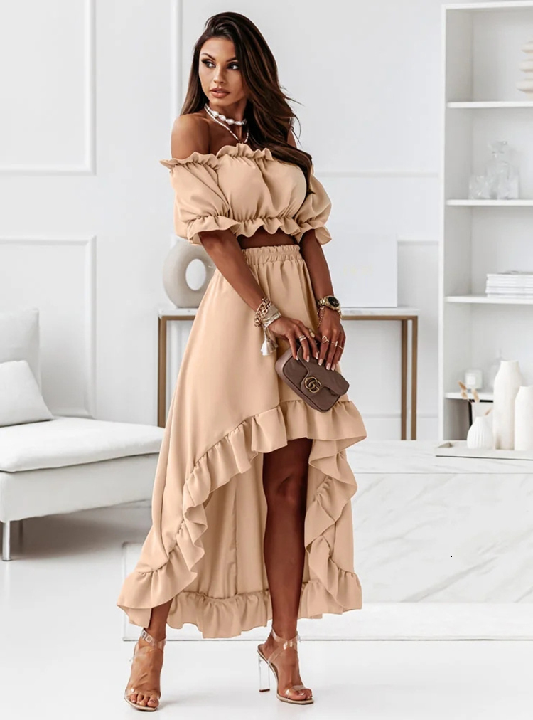 Women s Two Piece Pants Ruffles Summer Dress Set Off Shoulder Slash Neck Short Sleeve Crop Top Irregular Long Skirt 230414