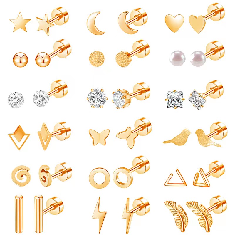 18 Pair Stainless Steel Stud Set Women's and Men's Star Moon Flower Heart shaped Cartilage Earrings Anti Allergy Flat Back Earrings Perforated Jewelry, Cubic Zirconia
18 Pair Stainless Steel Stud Set Women's and Men's Star Moon Flower Heart shaped Cartilage Earrings Anti Allergy Flat Back Earrings Perforated Jewelry, Cubic Zirconia