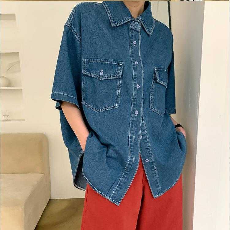 Womens Korean Style Polo Collar Denim Shirt Hong Kong Mid Length Casual Double, Deep blue
Womens Korean Style Polo Collar Denim Shirt Hong Kong Mid Length Casual Double, Deep blue