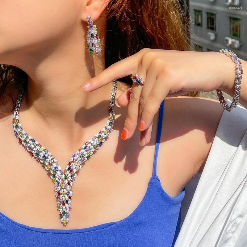 Necklace Earrings Set BeaQueen Luxury Big Statement Colorful Pave CZ Stone And Crystal 4pcs For Women Wedding Accessories JS354, Picture shown
Necklace Earrings Set BeaQueen Luxury Big Statement Colorful Pave CZ Stone And Crystal 4pcs For Women Wedding Accessories JS354, Picture shown