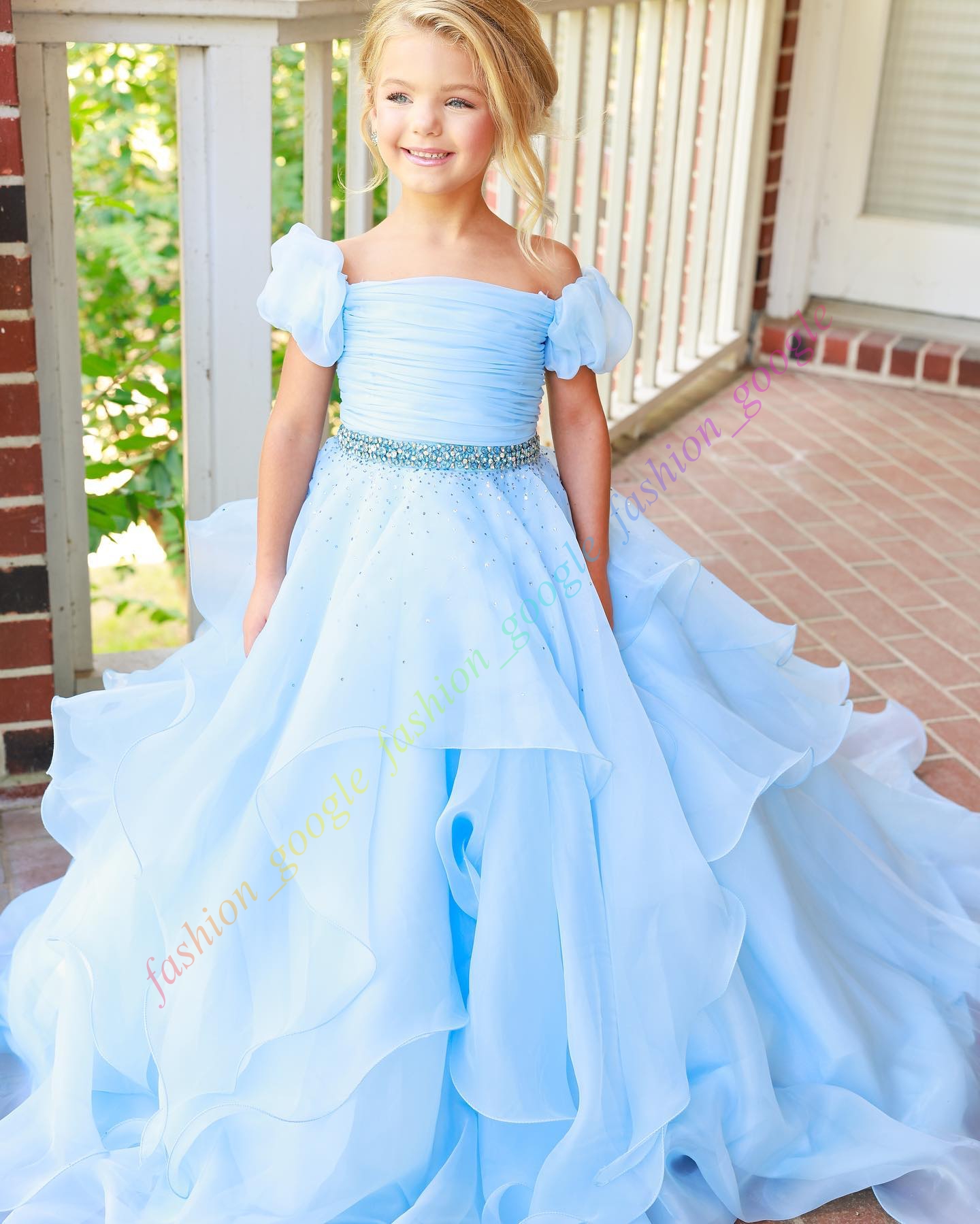 Long Ruffle Little Girl Pageant Dress Cap Sleeves Off-Shoulder Beads Coral Baby Kid Fun Fashion Runway Drama Birthday Formal Cocktail Party Gown Toddl